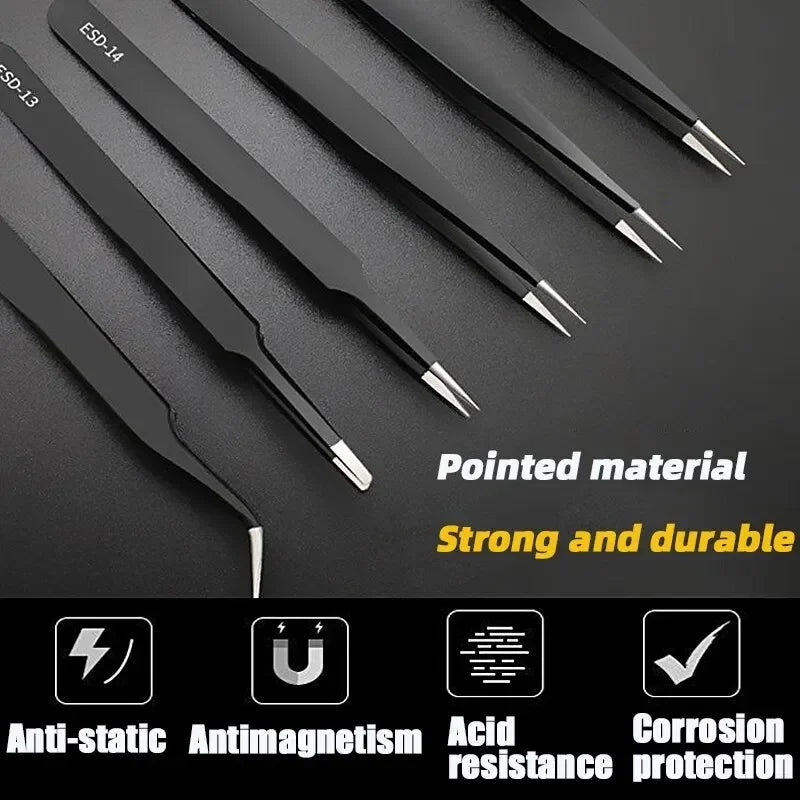 6PCS Precision Tweezers Set ESD Anti-Static Stainless Steel Tweezers