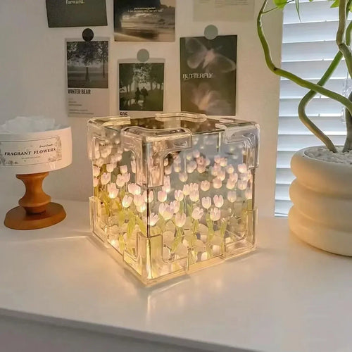 DIY Handmade Tulip Mirror Cube Lamp Simulation Flower Bedroom Sleeping