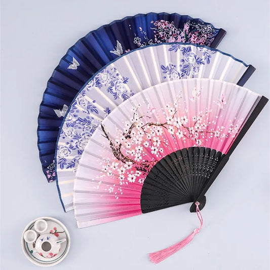 Vintage Silk Folding Hand Fan Chinese Japanese Bamboo Fans Craft Gifts