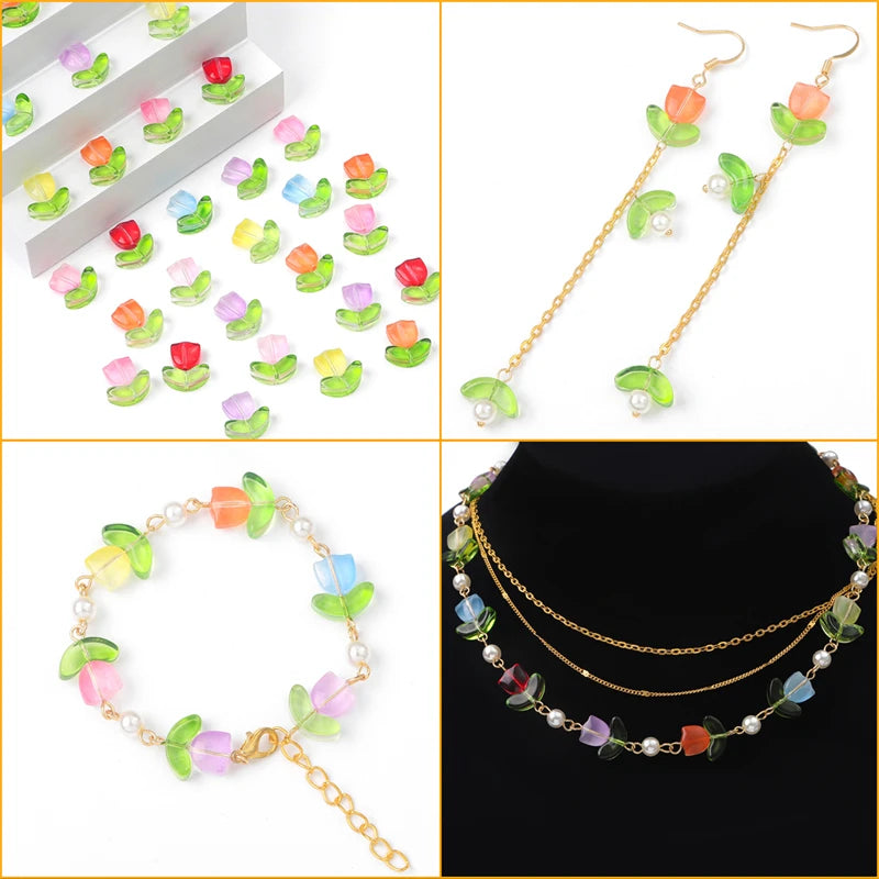 10/20Sets Handmade Colorful Glass Tulip Flower Beads Charm for Earring