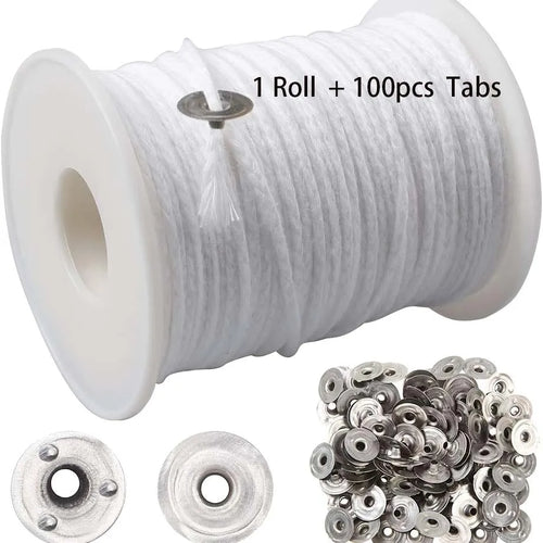 1 Roll Candle Cotton Wicks +100pcs Metal Candle Wick Sustainer Tabs