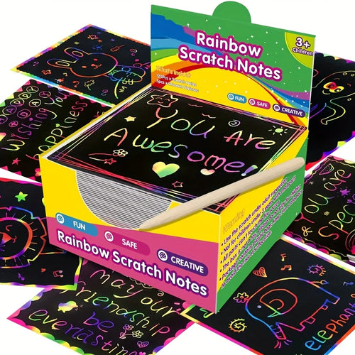 Scratch Paper Art - 100pcs Magic Scratch Off Craft Kit, Rainbow