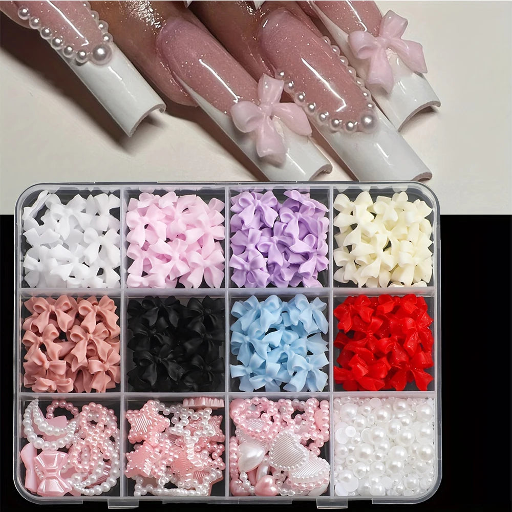 500PCS 3D Nail Art Decoration Kit with Resin Bows, Flat Back Pearls,