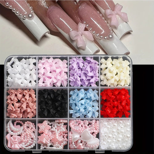500PCS 3D Nail Art Decoration Kit with Resin Bows, Flat Back Pearls,