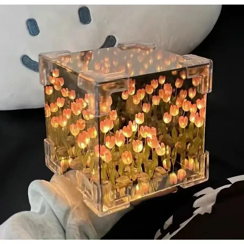 DIY Handmade Tulip Mirror Cube Lamp Simulation Flower Bedroom Sleeping