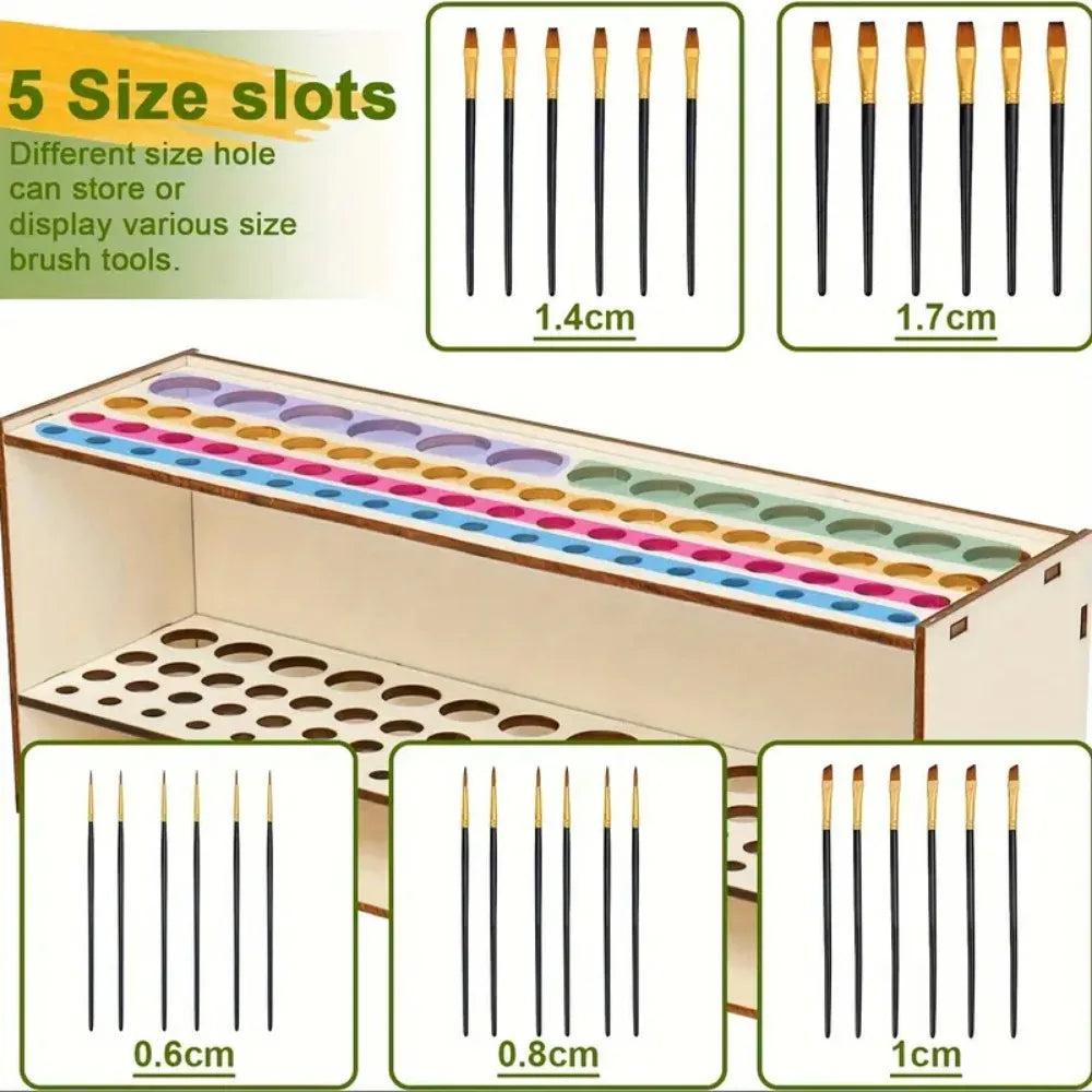 67-Slot Premium Wooden Brush Holder - Durable Artist Desk Organizer,
