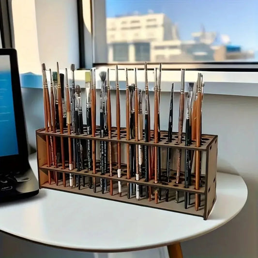 67-Slot Premium Wooden Brush Holder - Durable Artist Desk Organizer,