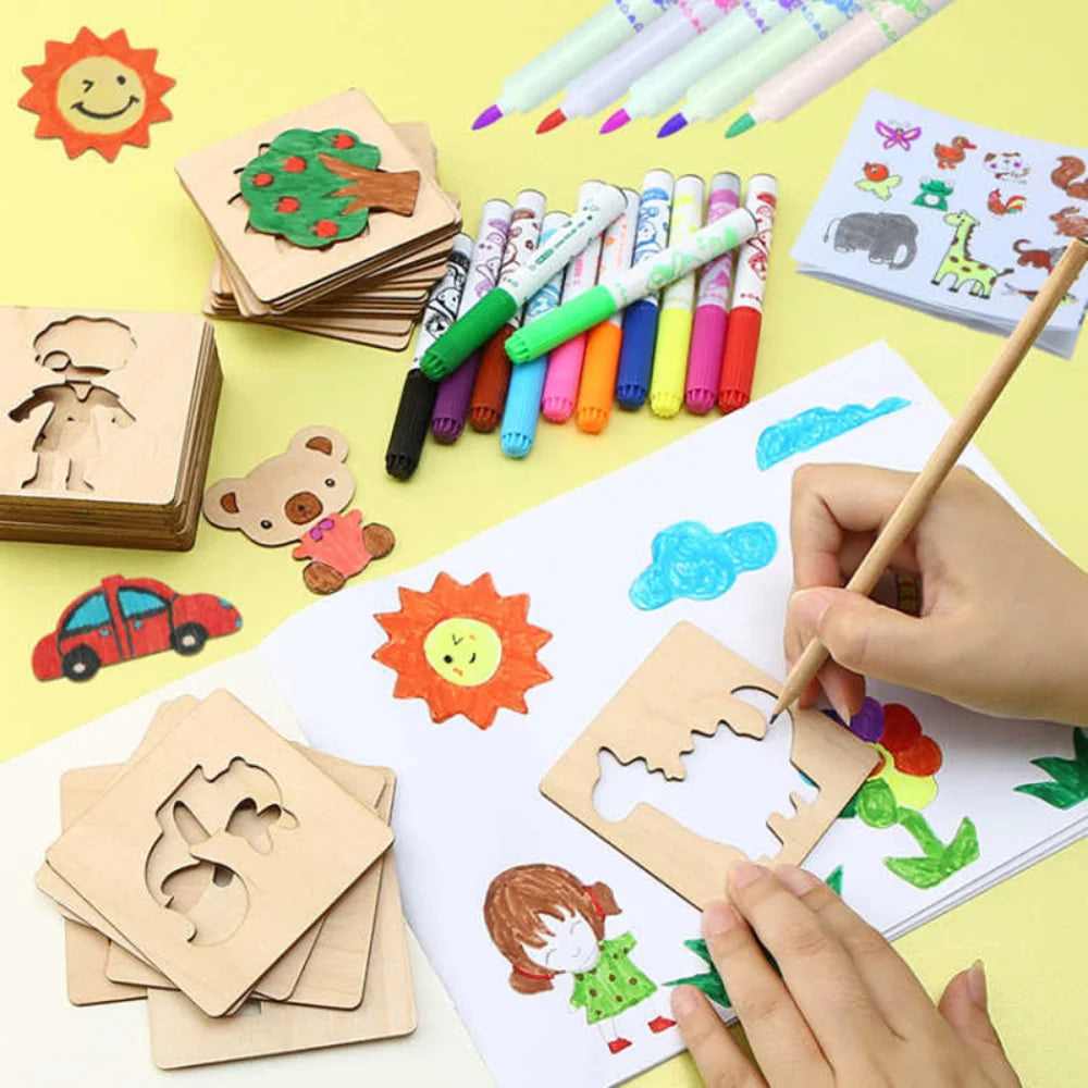 20pcs Montessori Kids Drawing Toys Wooden DIY Painting Template