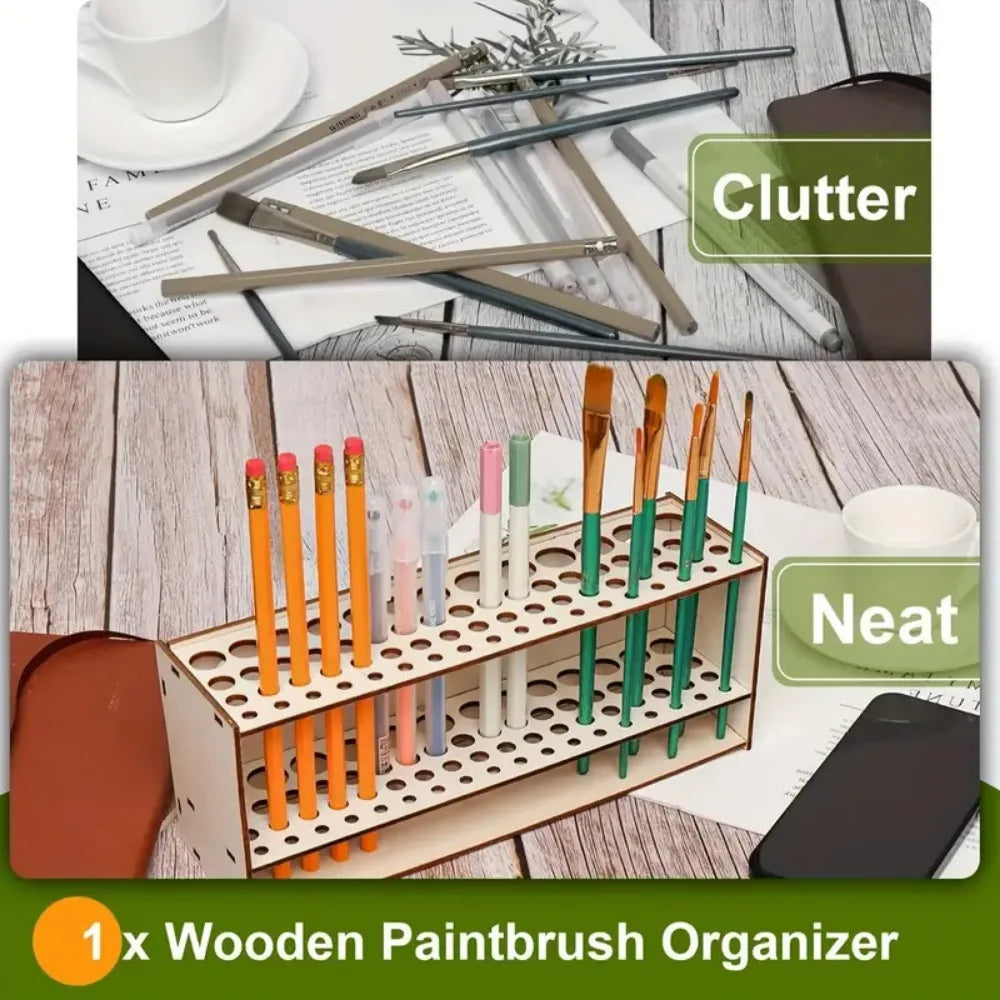 67-Slot Premium Wooden Brush Holder - Durable Artist Desk Organizer,