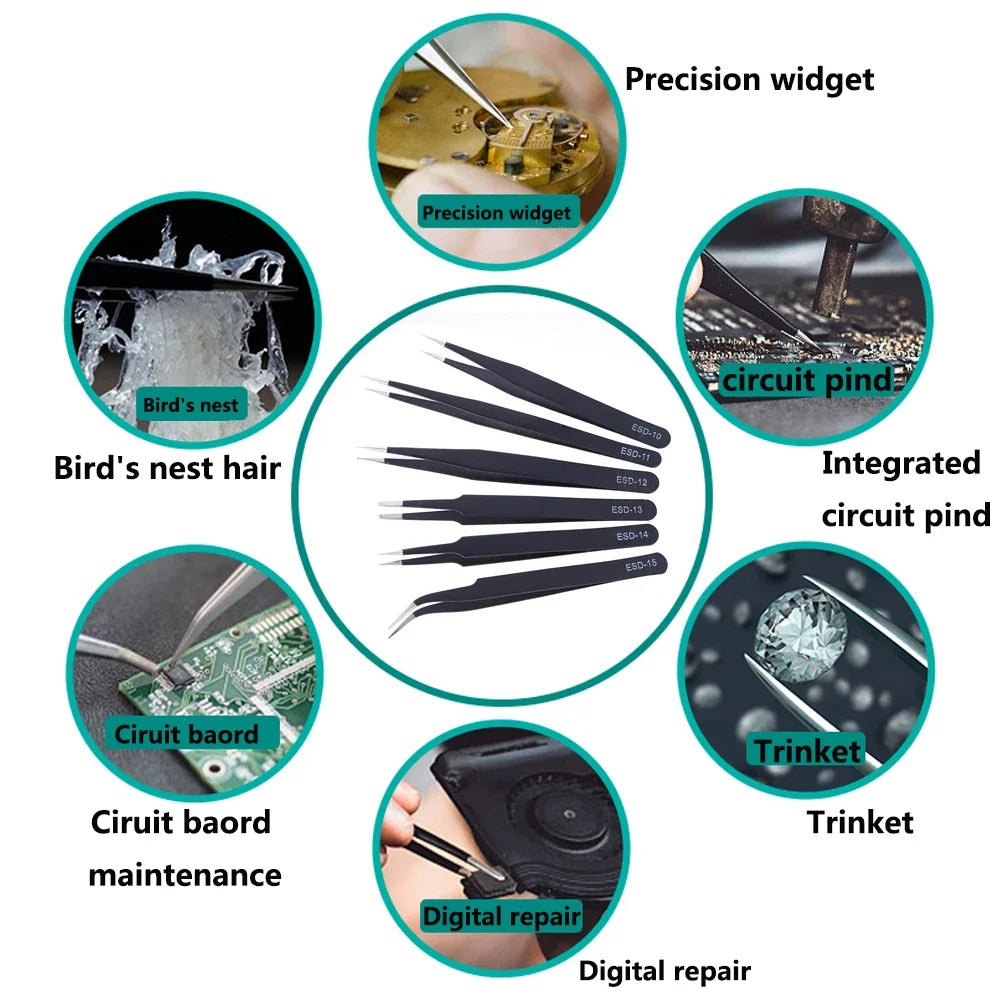 2/6pcs Precision Tweezers Set ESD Anti-Static Stainless Steel Tweezers