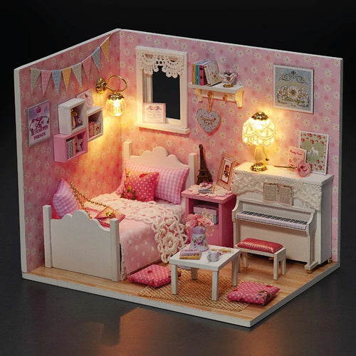 Kitten Mini Wooden Doll House Model Building Kits Toy Home Kit