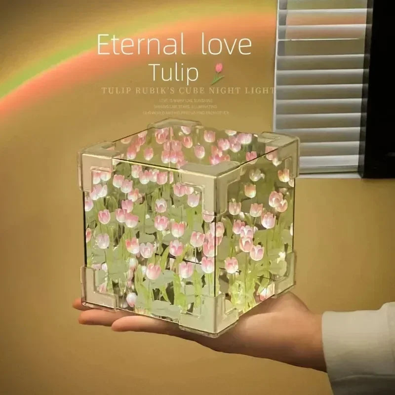 DIY Handmade Tulip Mirror Cube Lamp Simulation Flower Bedroom Sleeping