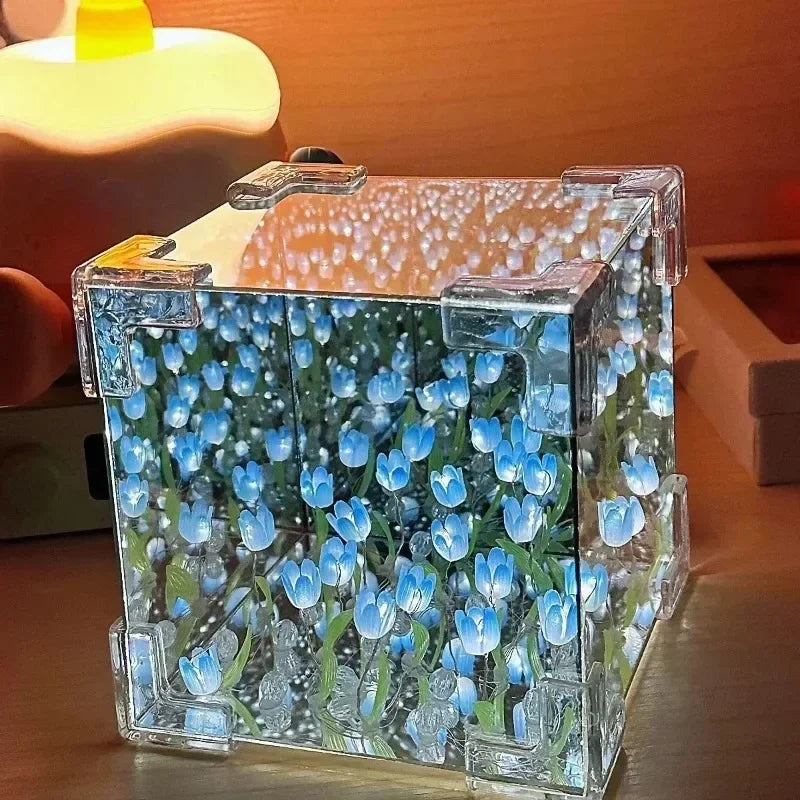 DIY Handmade Tulip Mirror Cube Lamp Simulation Flower Bedroom Sleeping