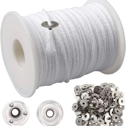 1 Roll Candle Cotton Wicks +100pcs Metal Candle Wick Sustainer Tabs
