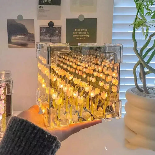 DIY Handmade Tulip Mirror Cube Lamp Simulation Flower Bedroom Sleeping
